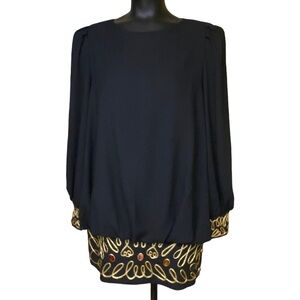 Nicole Studio New York Black and Gold Trim Blouson Sleeve Mini Dress